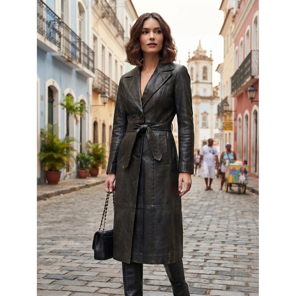 Vintage Casablanca Black Genuine Leather Belted Trench Coat Matrix Style 5/6
